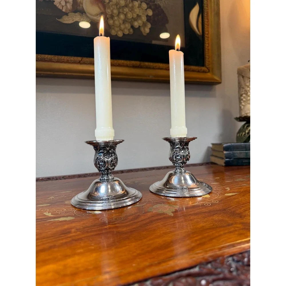 Vintage Wm Rogers Silverplate Candlestick Holders Pair • Victorian Rose Pattern